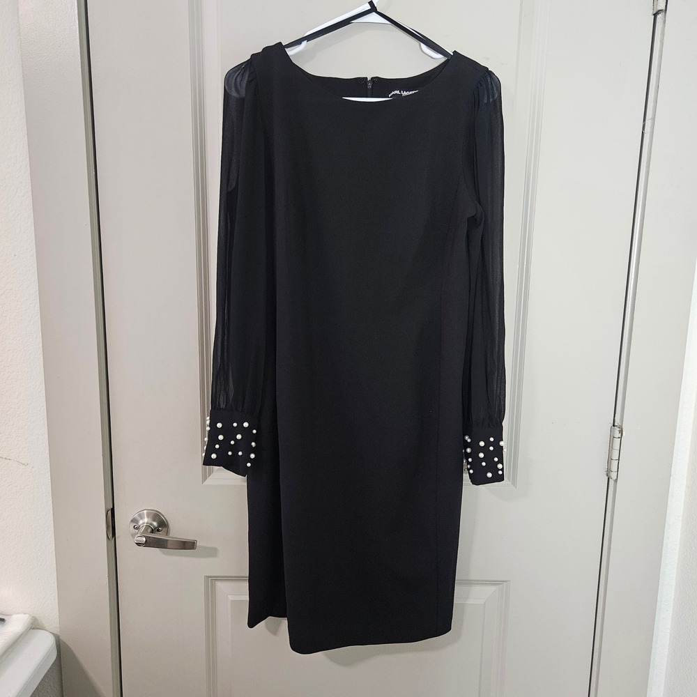 Karl Lagerfeld Paris Womens Black Sheath Dress Pearl Cuff Sheer Sleeve Size 10